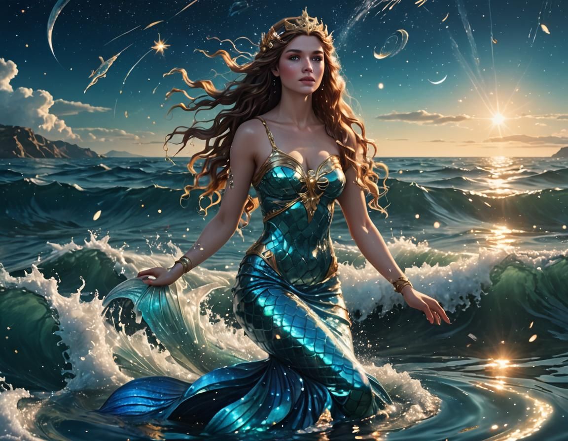 Mermaid Greek Goddess on Saturn with Shooting Stars