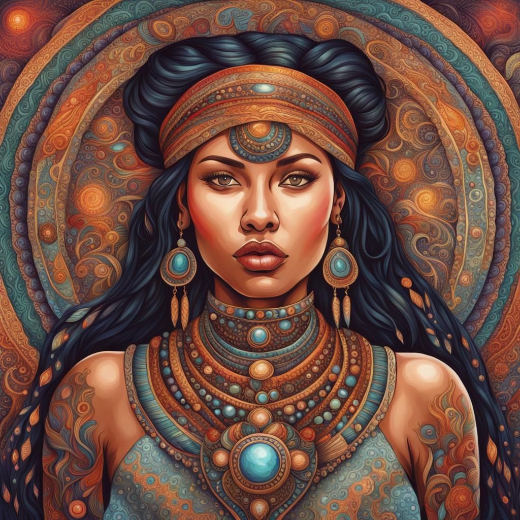 Empowered Indigenous Woman in Cosmic Art Style