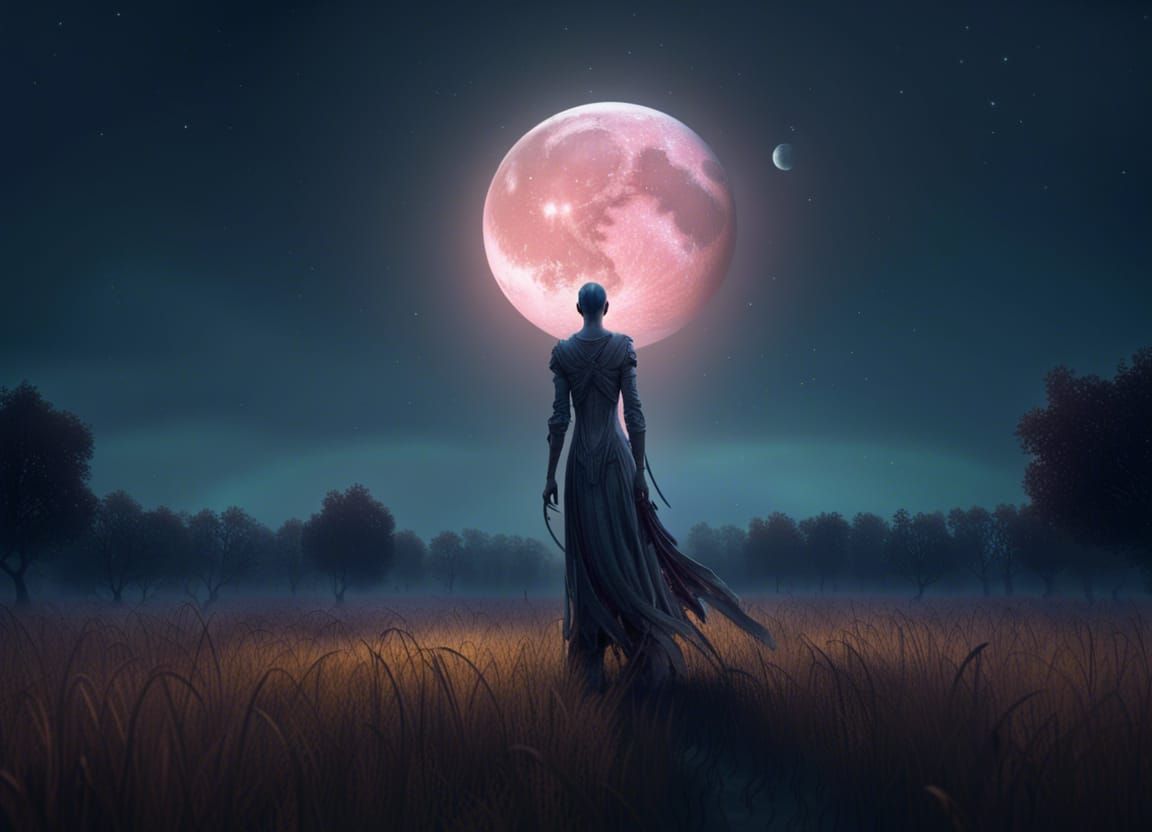 a tall thin figure standing in an open field under a bright moon a masterpiece, 8k resolution, dark fantasy concept art,...