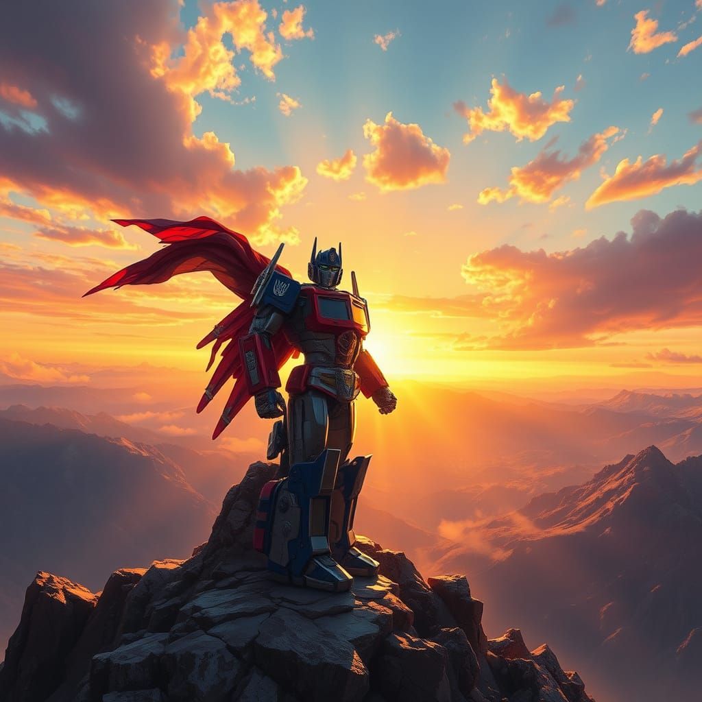 Optimus Prime on Mountain, Dramatic Sunset Landscape