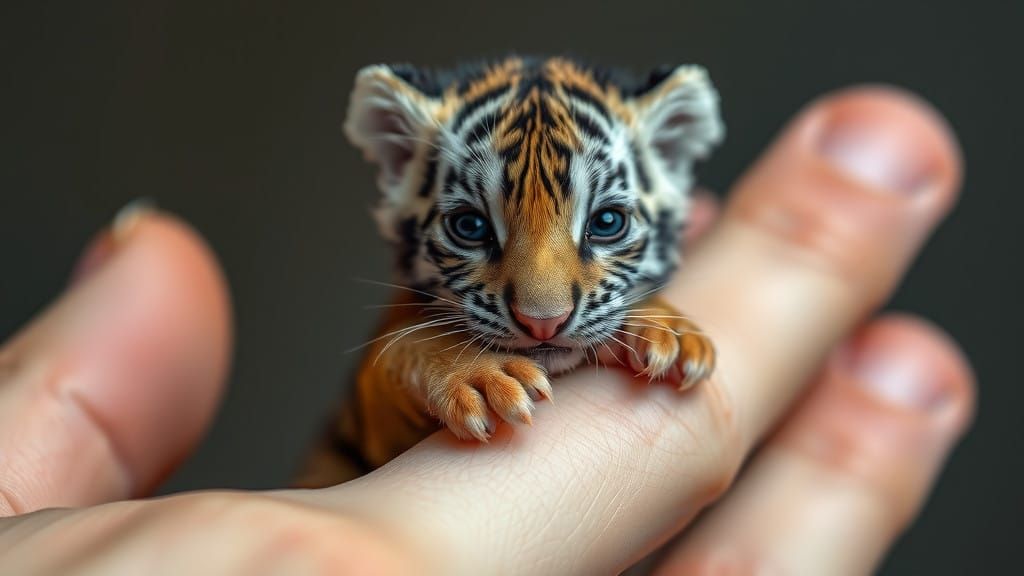 Tiny Tiger Cub Perched on Human Thumb