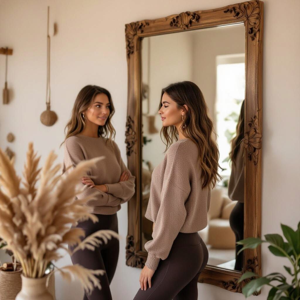 Elegant Woman Contemplates Reflection in Rustic Mirror
