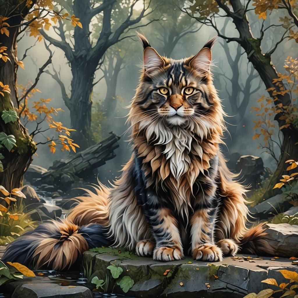 Maine Coon Cat in Watercolor Style