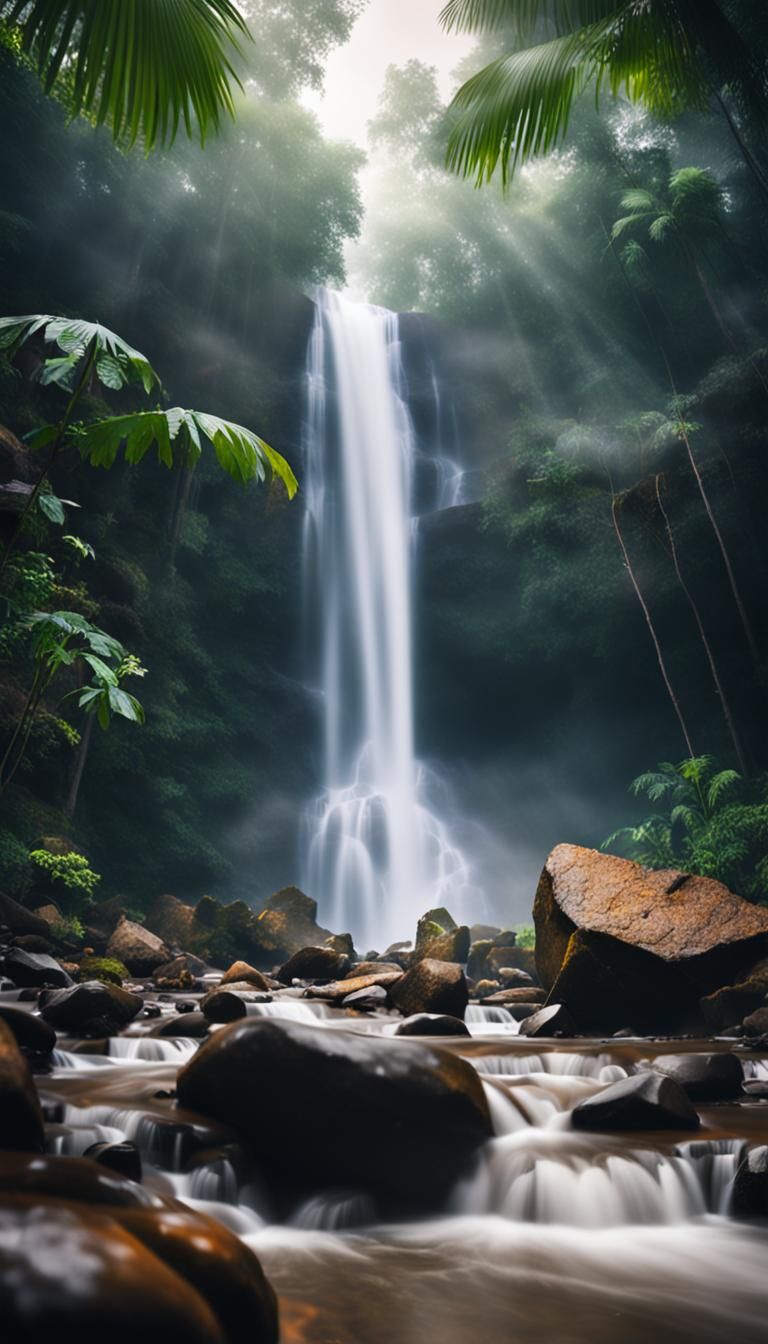 Lush Tropical Waterfall Ground View in Natural Light