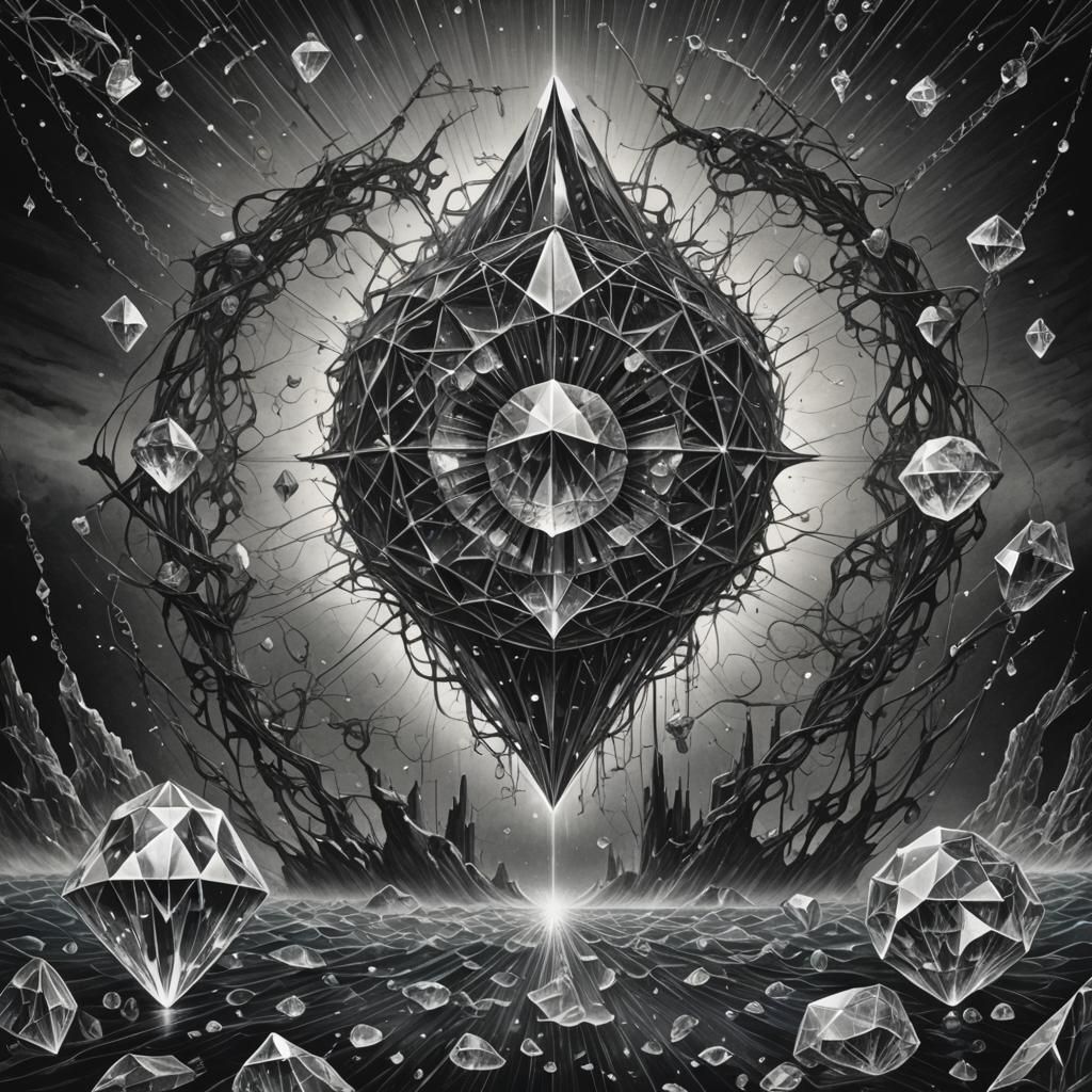 Crystal Ocean Connected by Nerve-Strings: Pencil Drawing