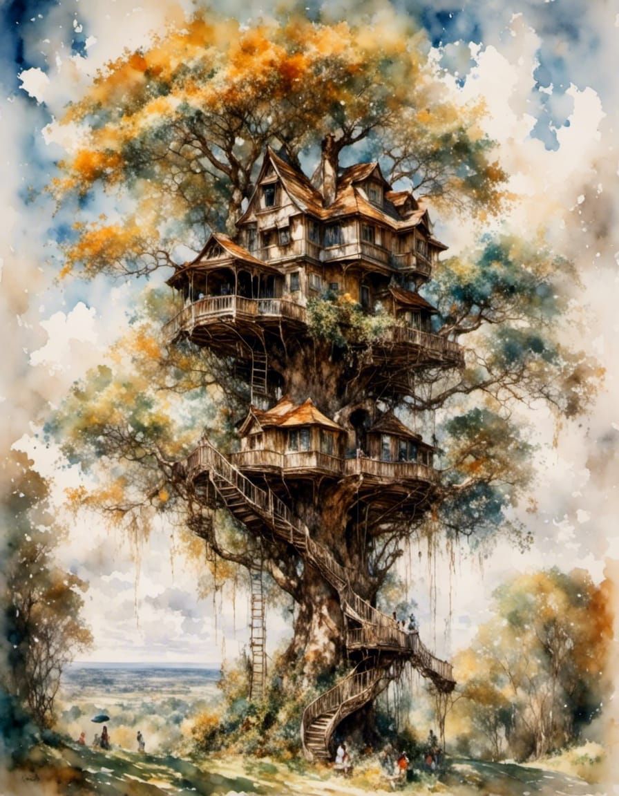 Children's Cloud Treehouse as Impressionistic Watercolor