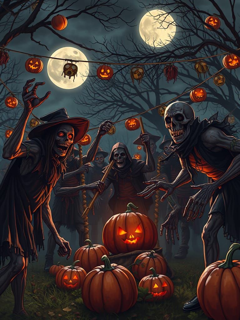 Ghoulish Zombies Celebrate Harvest Festival at Night