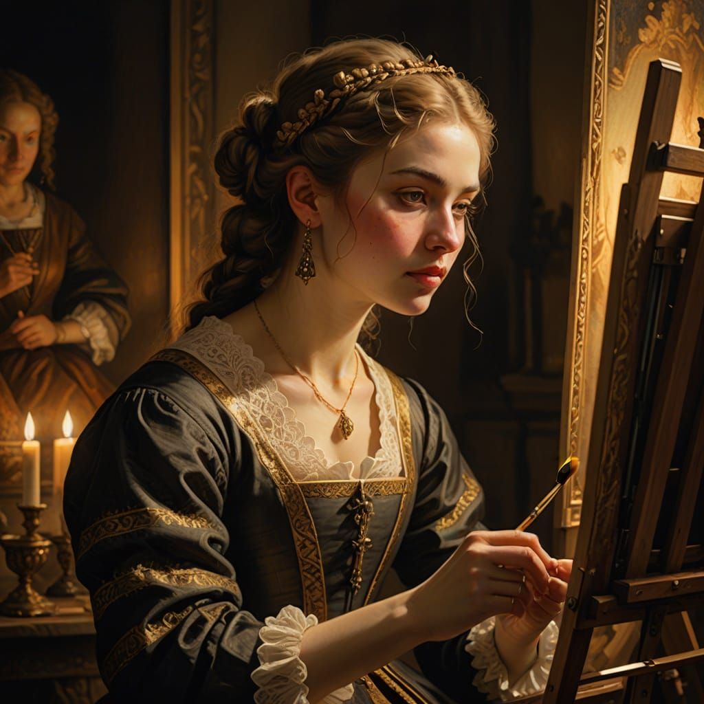 Girl Painting at Easel in Baroque Style