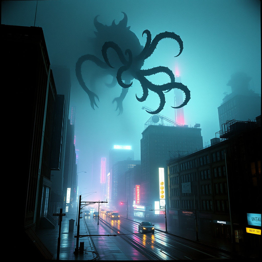 Eldritch Abomination Over Dystopian Cityscape in Synthwave S...