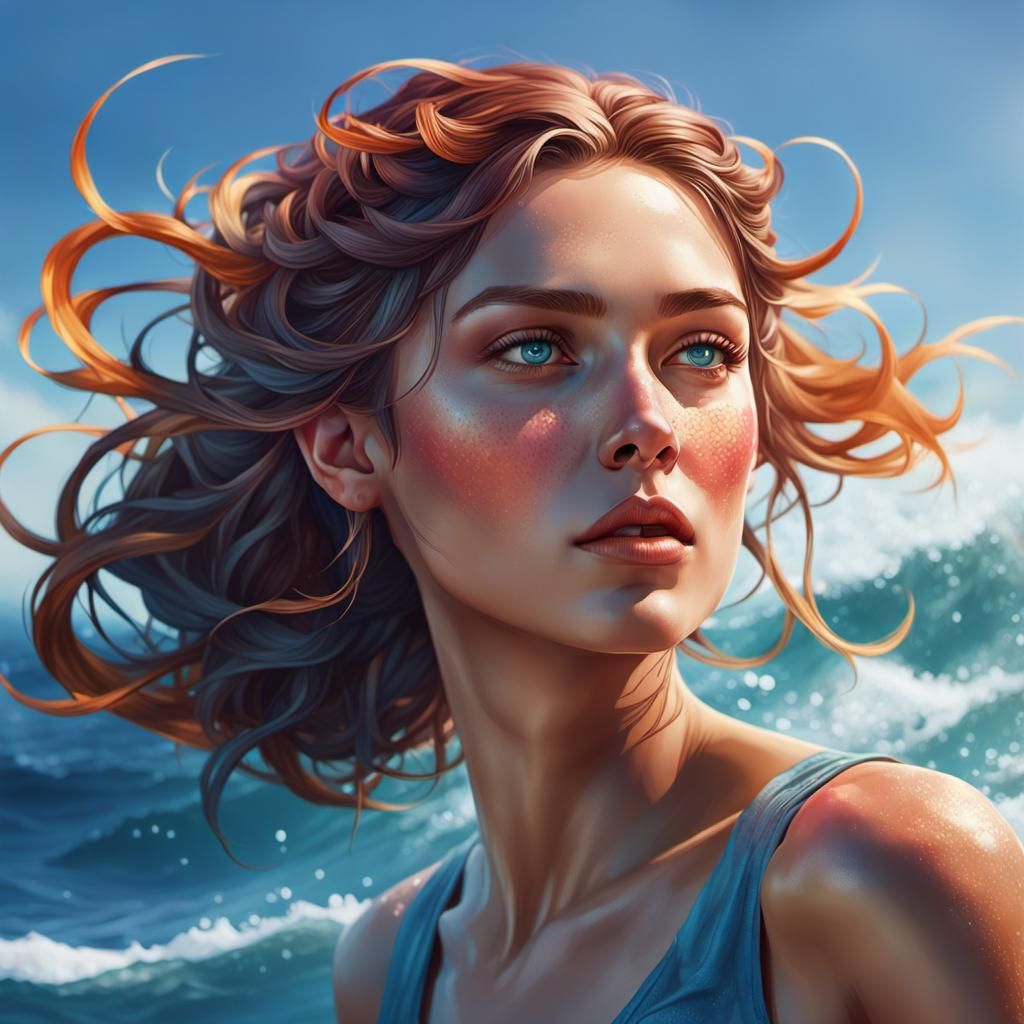 Woman Emerges from Sea: Hyperrealistic Splash Art