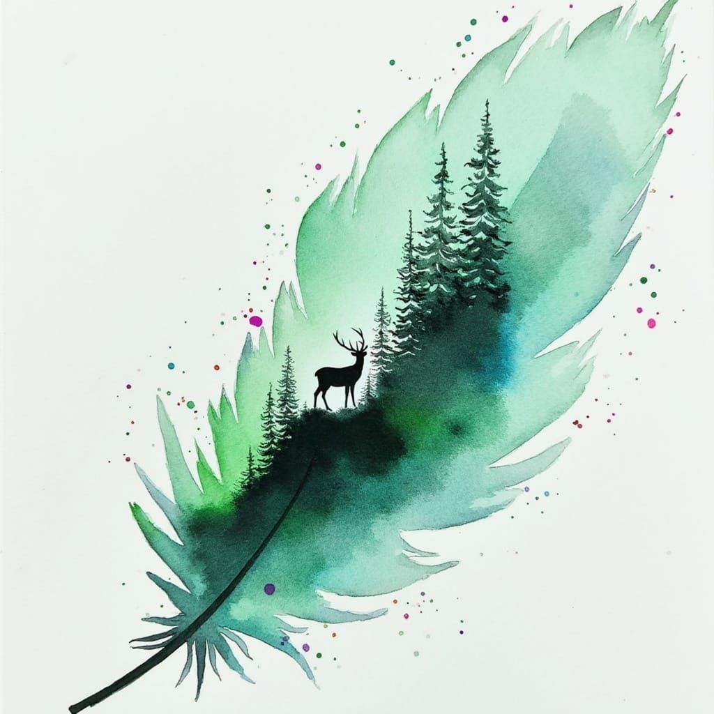 Surreal Watercolor Landscape on a Majestic Feather in Ethere...