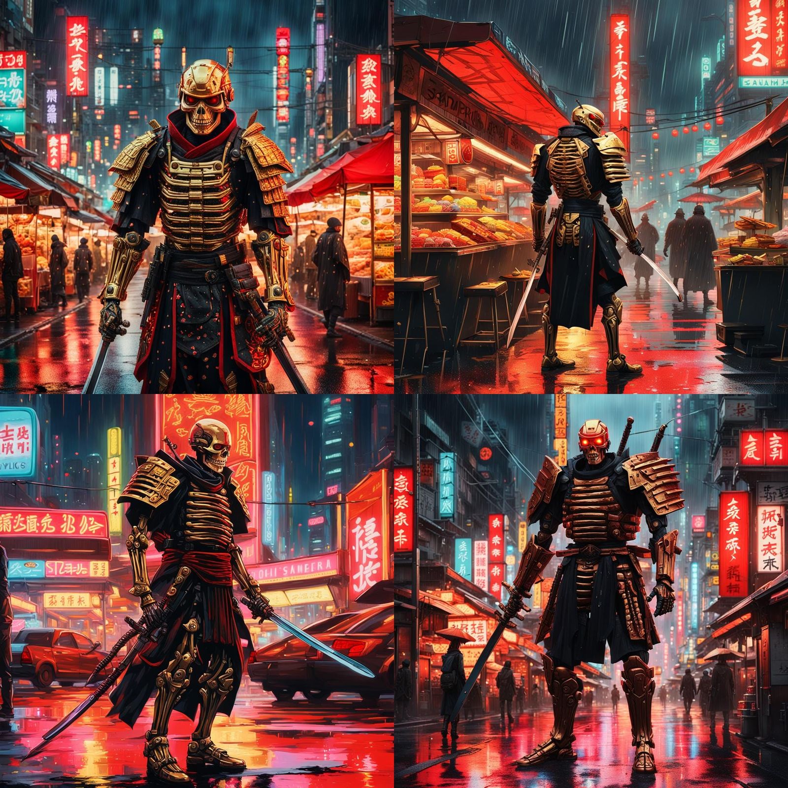 Cyberpunk Skeleton Samurai in Futuristic Cityscape
