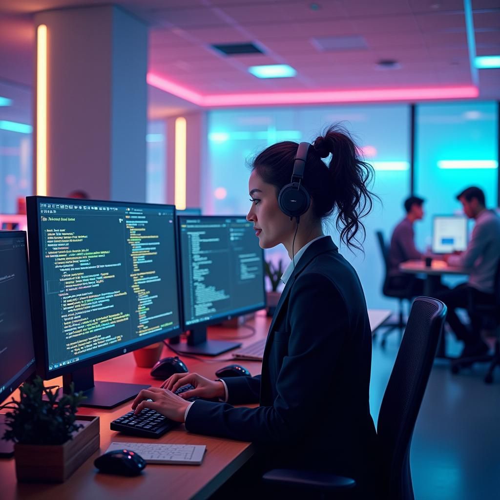 Female Programmer in Neon-Lit Futuristic Office