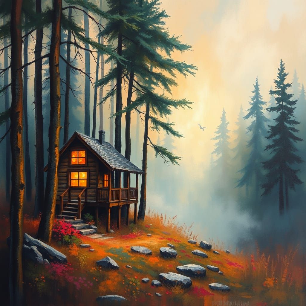 Abstract Cabin in Woods: Jazz Expressionist Batik