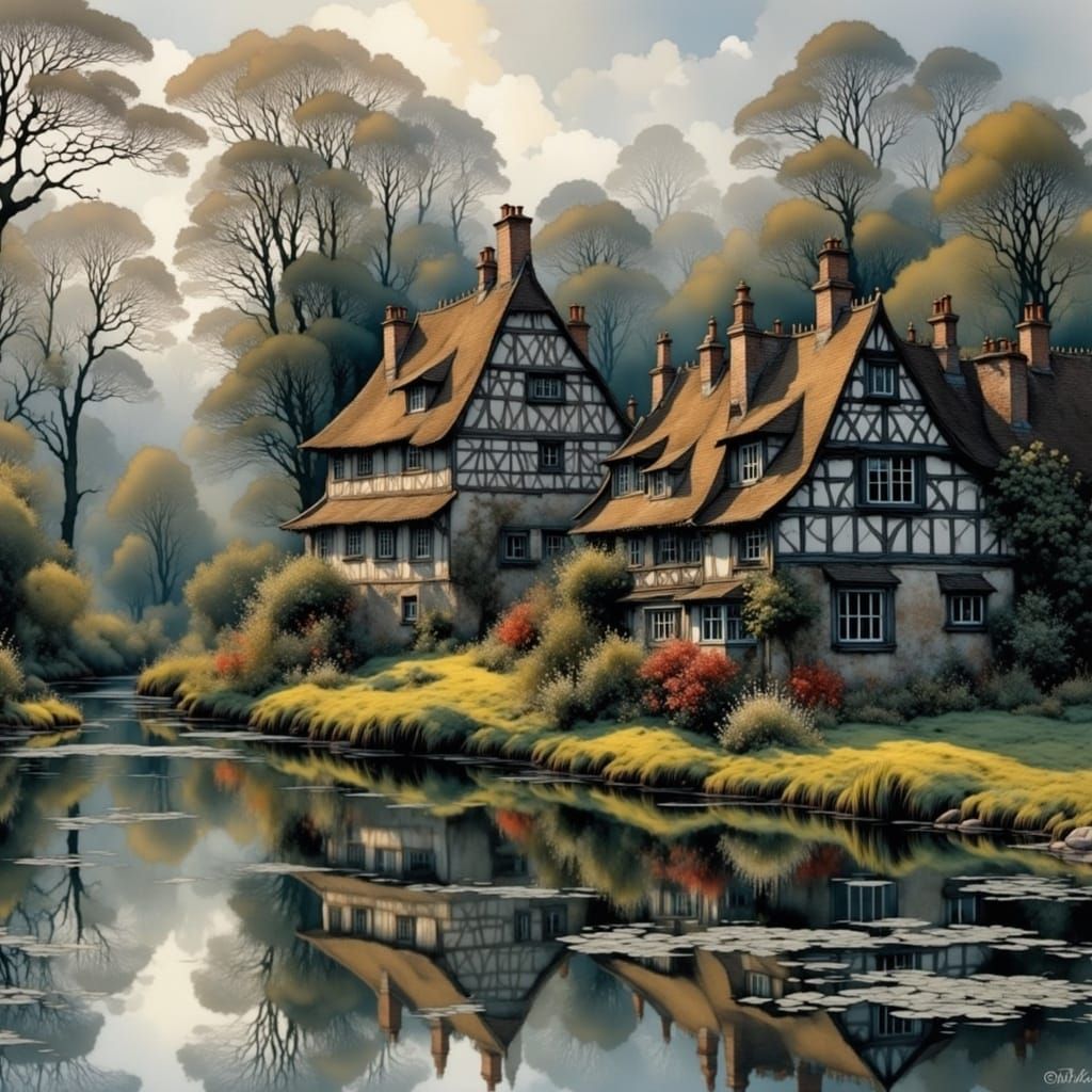 Half-Timbered Houses on Lake in Morning Light