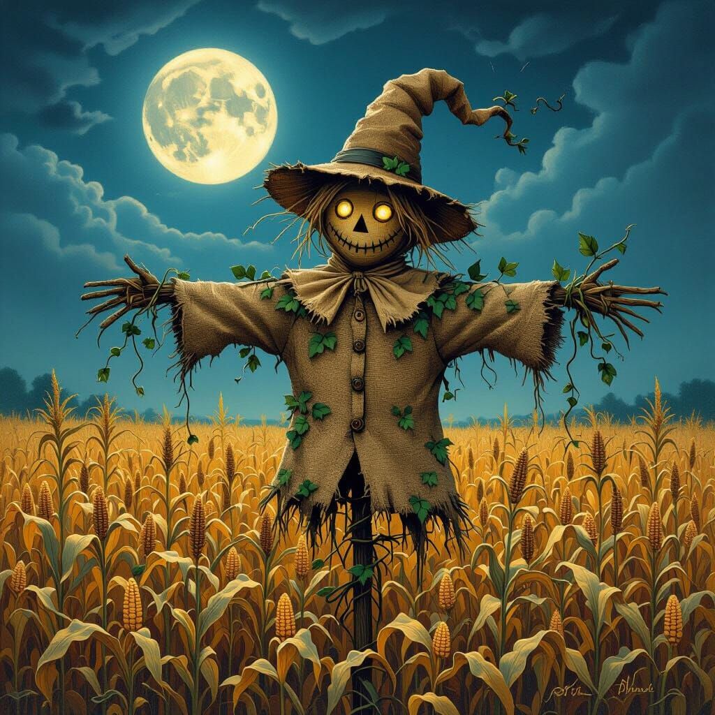 Moonlit Scarecrow Transformed into Living Wood in Ethereal C...