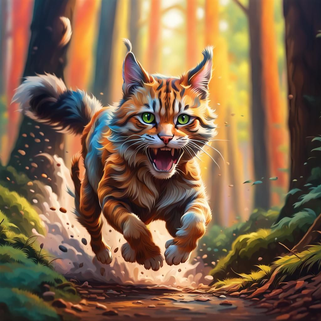 Hyperrealistic Cat Running in Colorful Forest