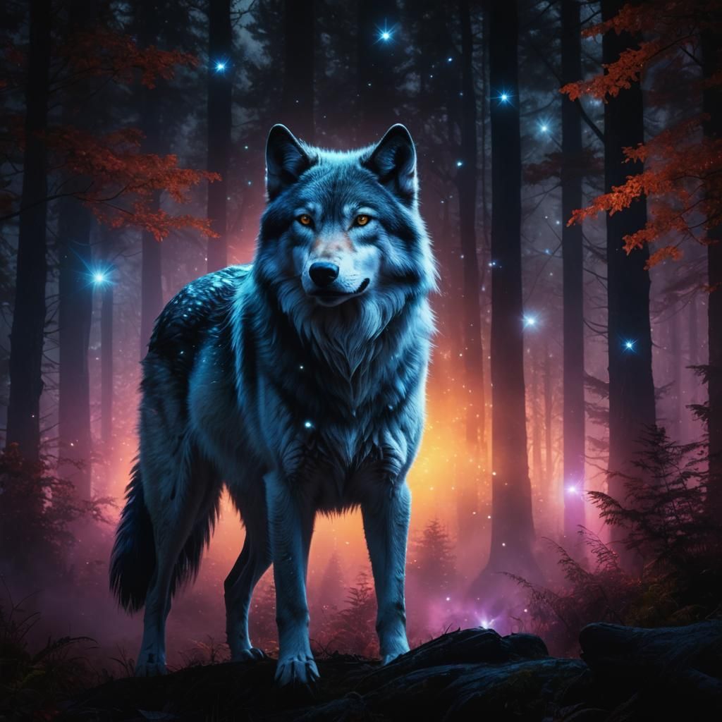 Mystical Spirit Wolf in Starry Forest