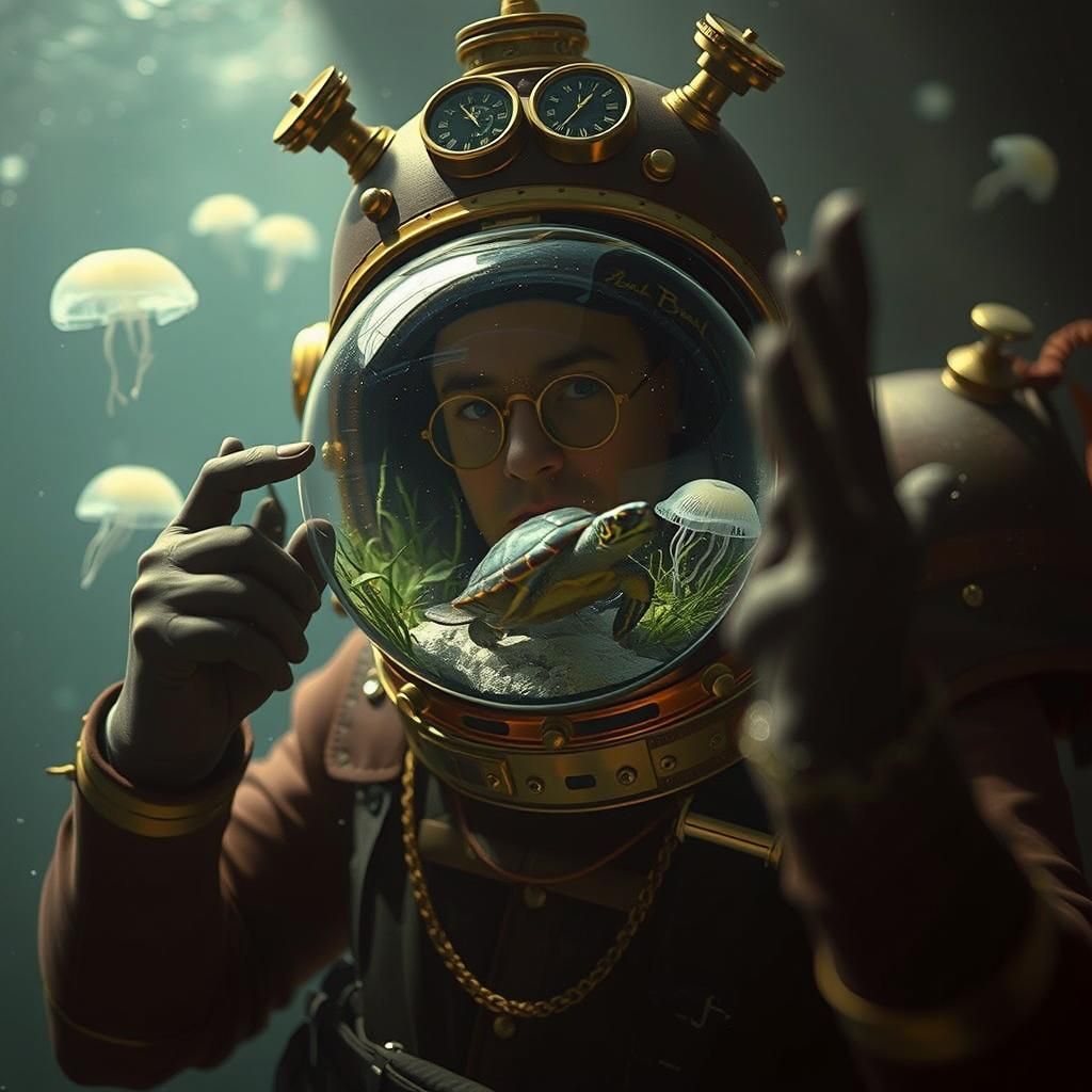 Victorian Steampunk Diver with Aquarium Helmet
