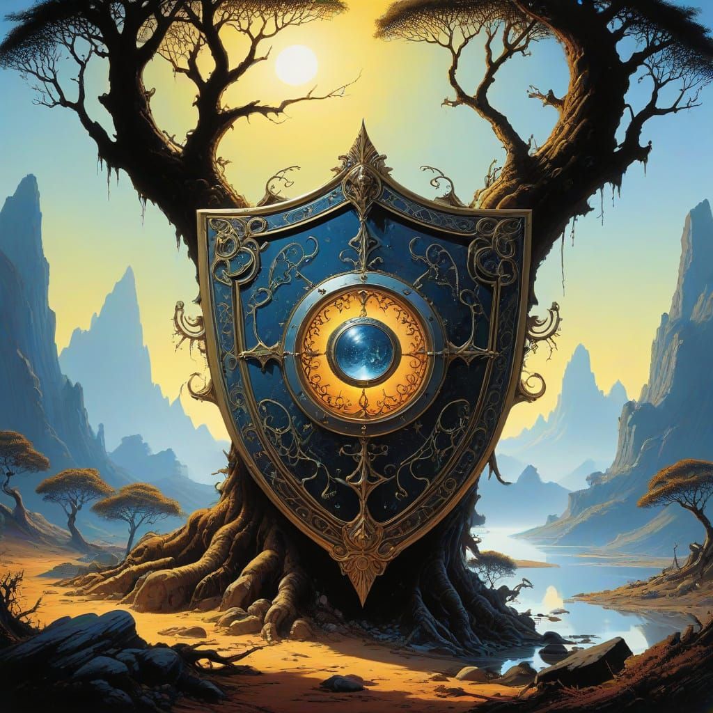 Radiant Fantasy Shield in Mystical Landscape