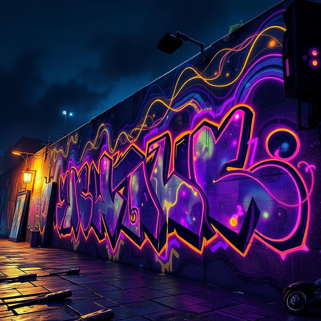 Vibrant Glowing Graffiti Art at Night in Dark Fantasy Style