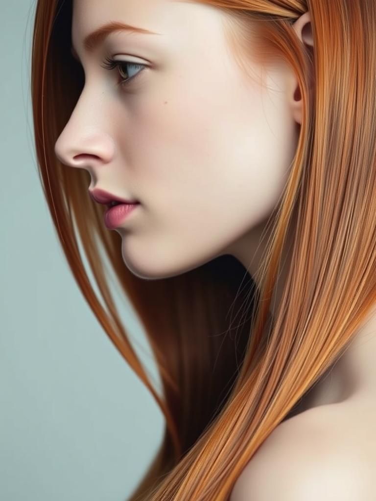 Profile close-up a pretty young woman with straight red hair