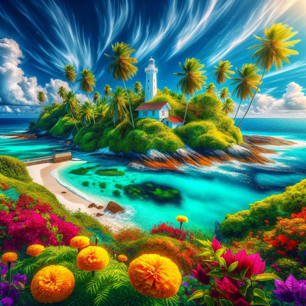 Vibrant Tropical Paradise with Lighthouse in Azure Skies