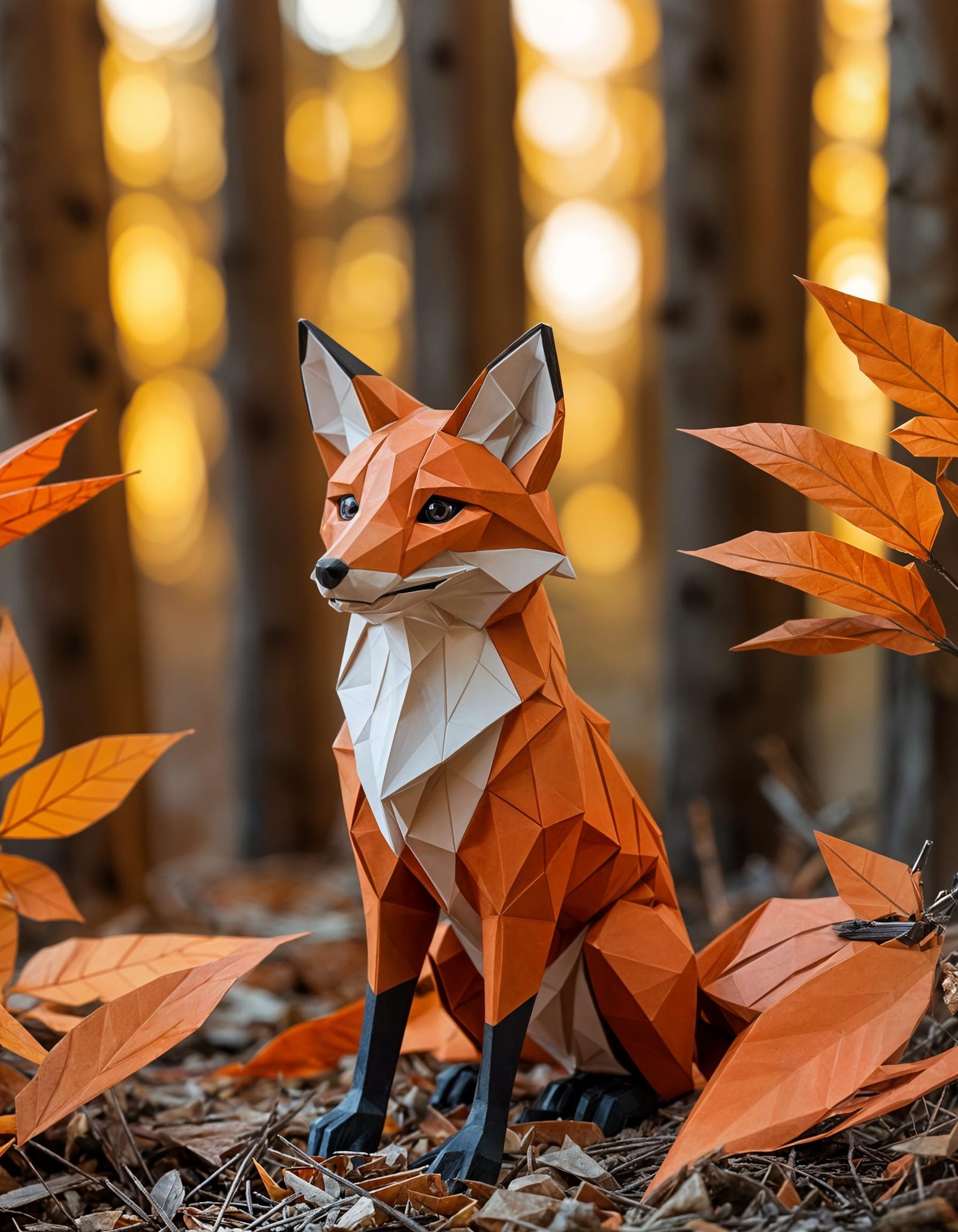 Origami Red Fox Sculpture with Geometric Details