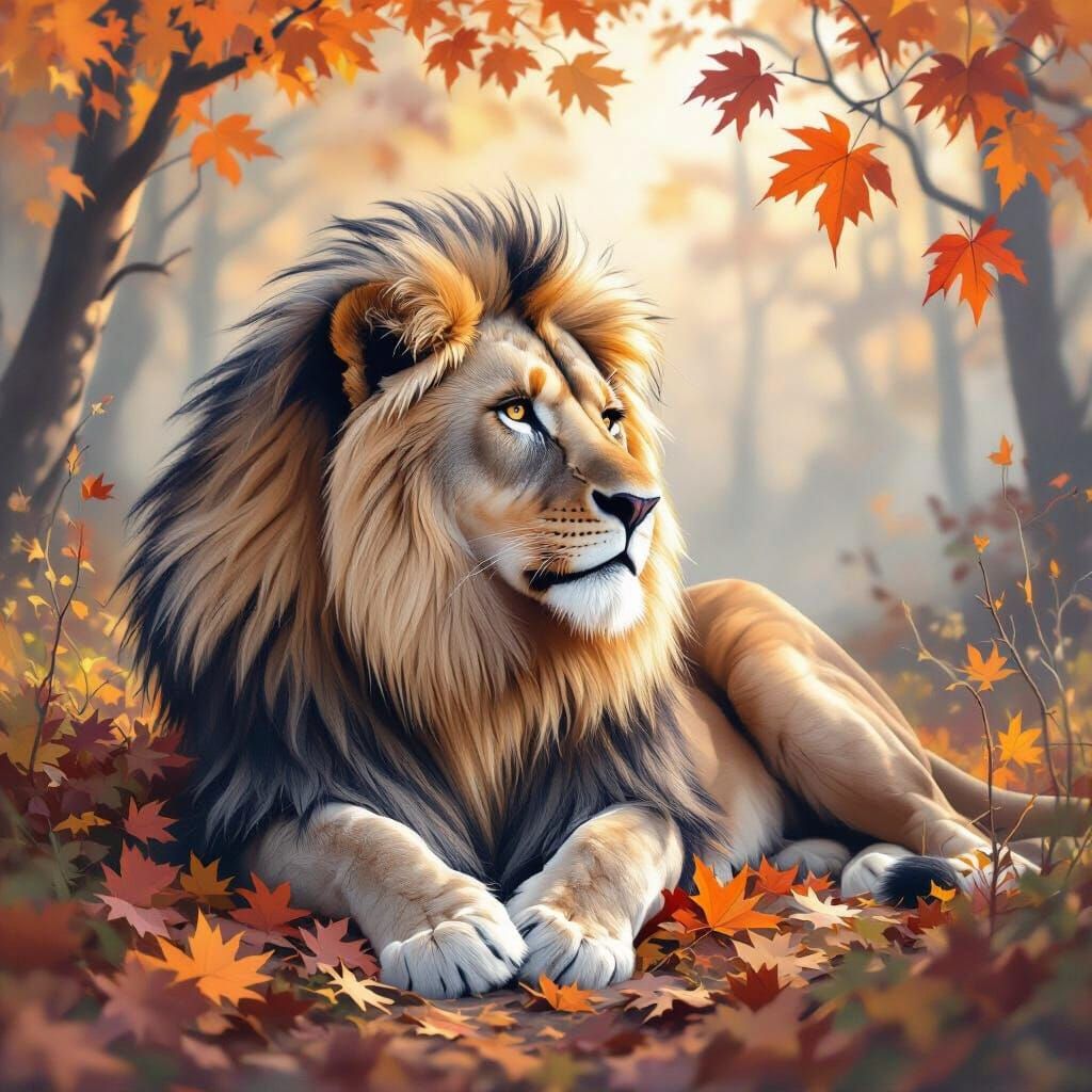 Majestic Lion in Autumn Forest