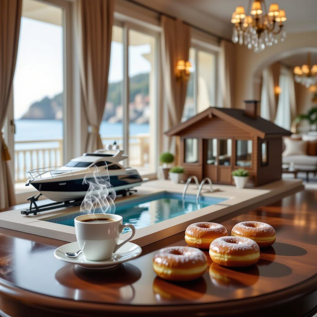 Hyperrealistic Architectural Model with Yacht and Coffee