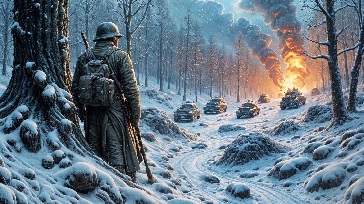 Oil Painting of Epic War Scene in Darkened Colors