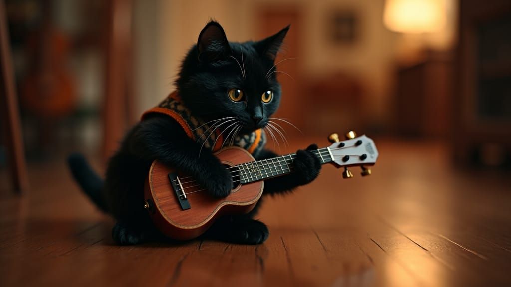 Black Cat Plays Ukulele in Cinematic Lighting