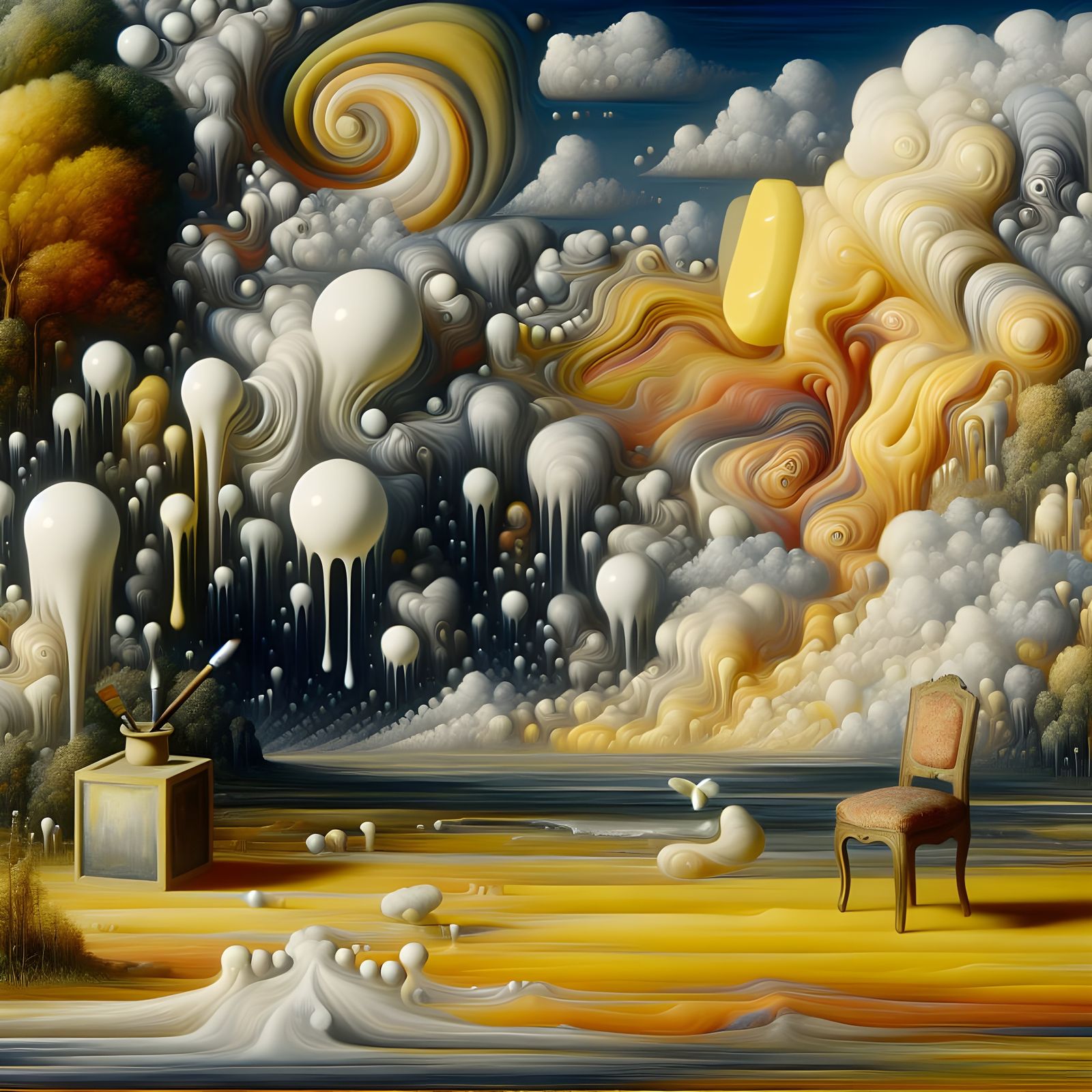Surreal Oil Painting of Melting Forms in a Dreamlike Landsca...