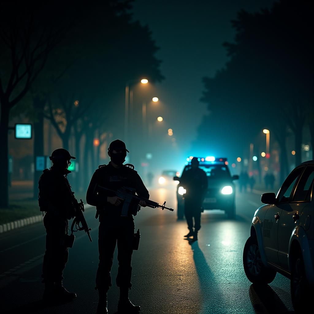Islamabad Nightscape: Armed Police Patrol in Cinematic Style
