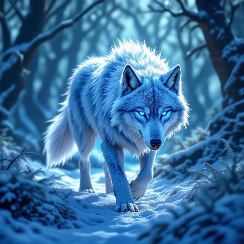 Majestic Frost Wolf in Enchanted Forest