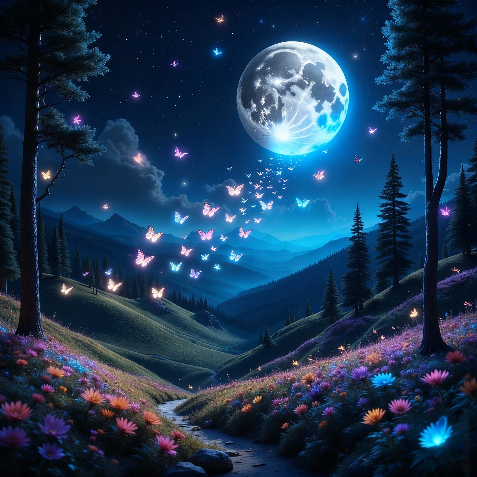 Dreamlike Fantasy Valley Under a Giant Moon