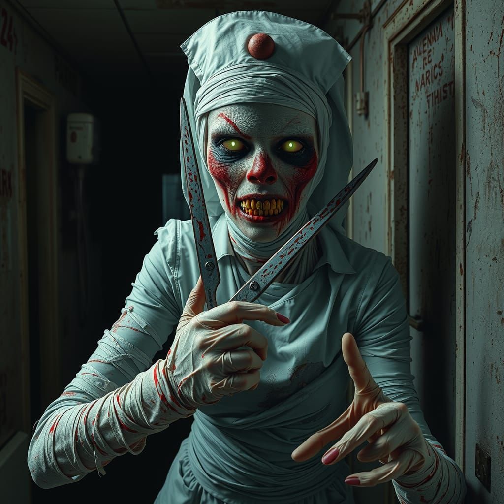 Zombie Nurse with Scissors in Graffiti Art Style