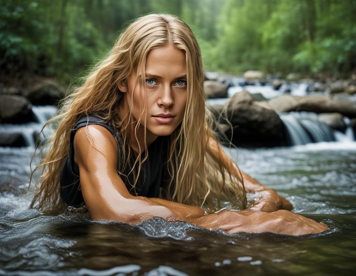 Blonde Woman Washing Hair in River: Professional Portrait
