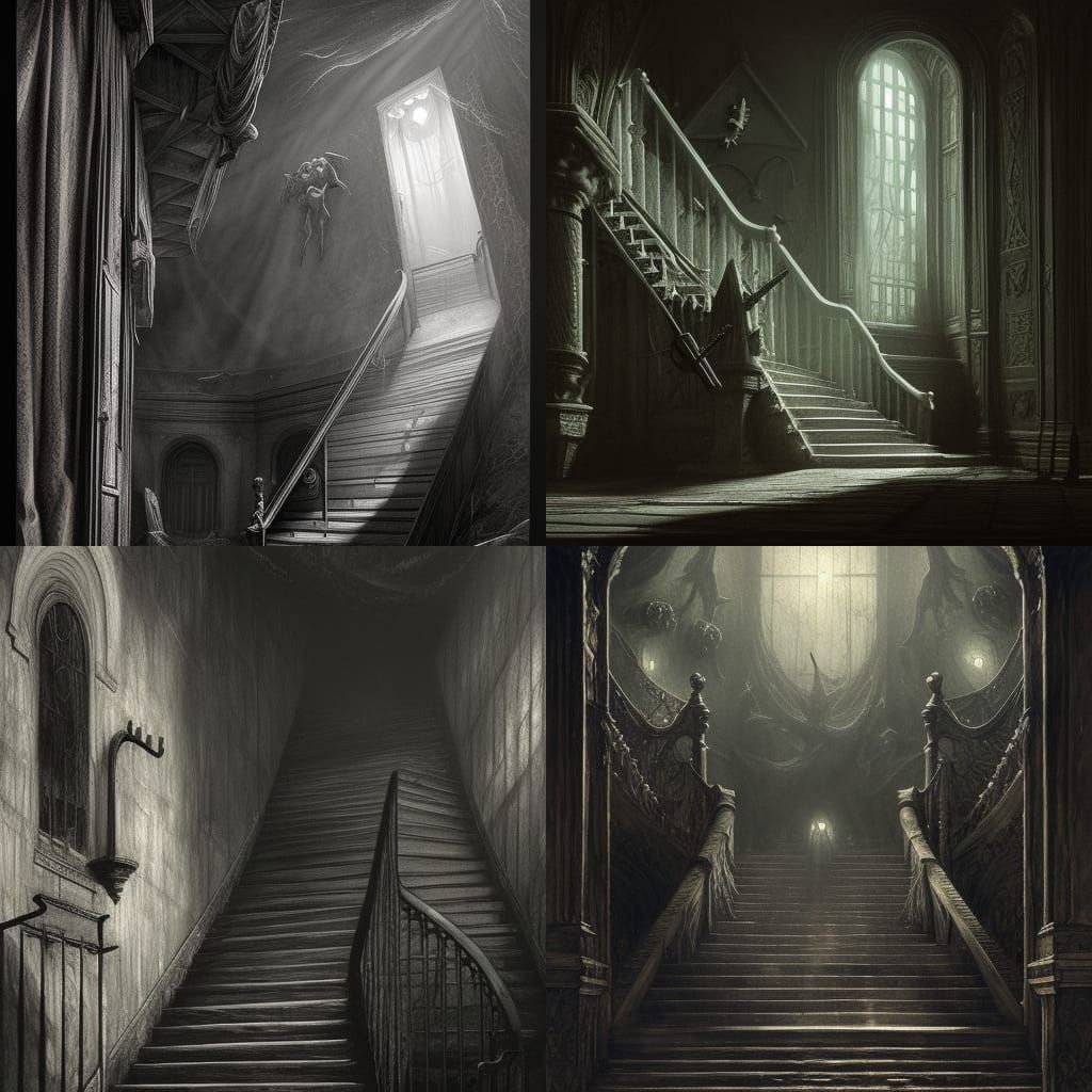 Scary Basement Descent with Demon in Matte Painting Style