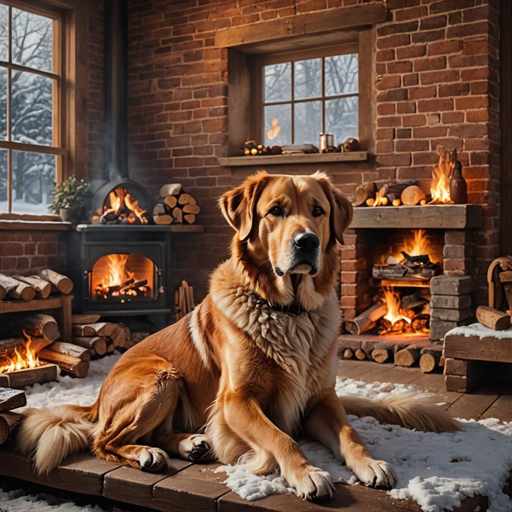 Cozy Winter Scene with Dog by Fireplace