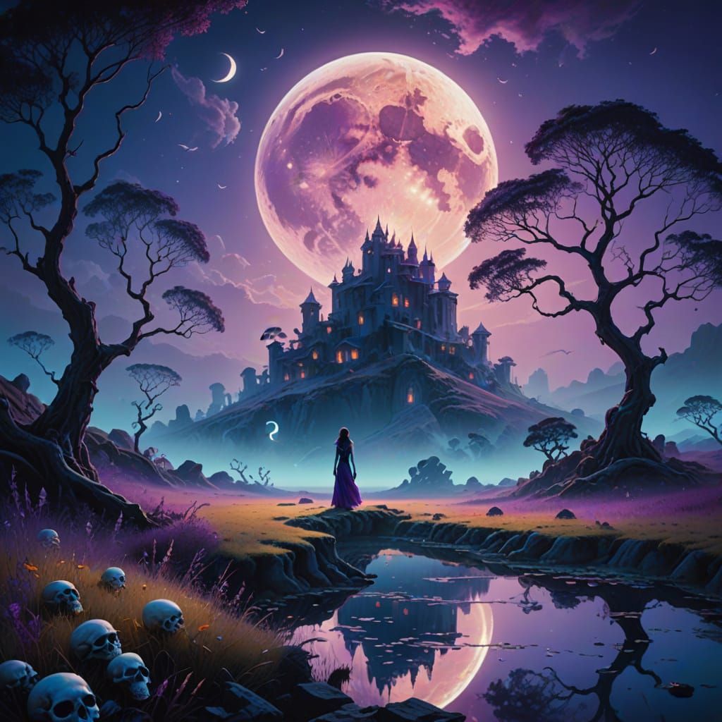 Dreamlike Surrealism: Ethereal Woman Under Glowing Moon