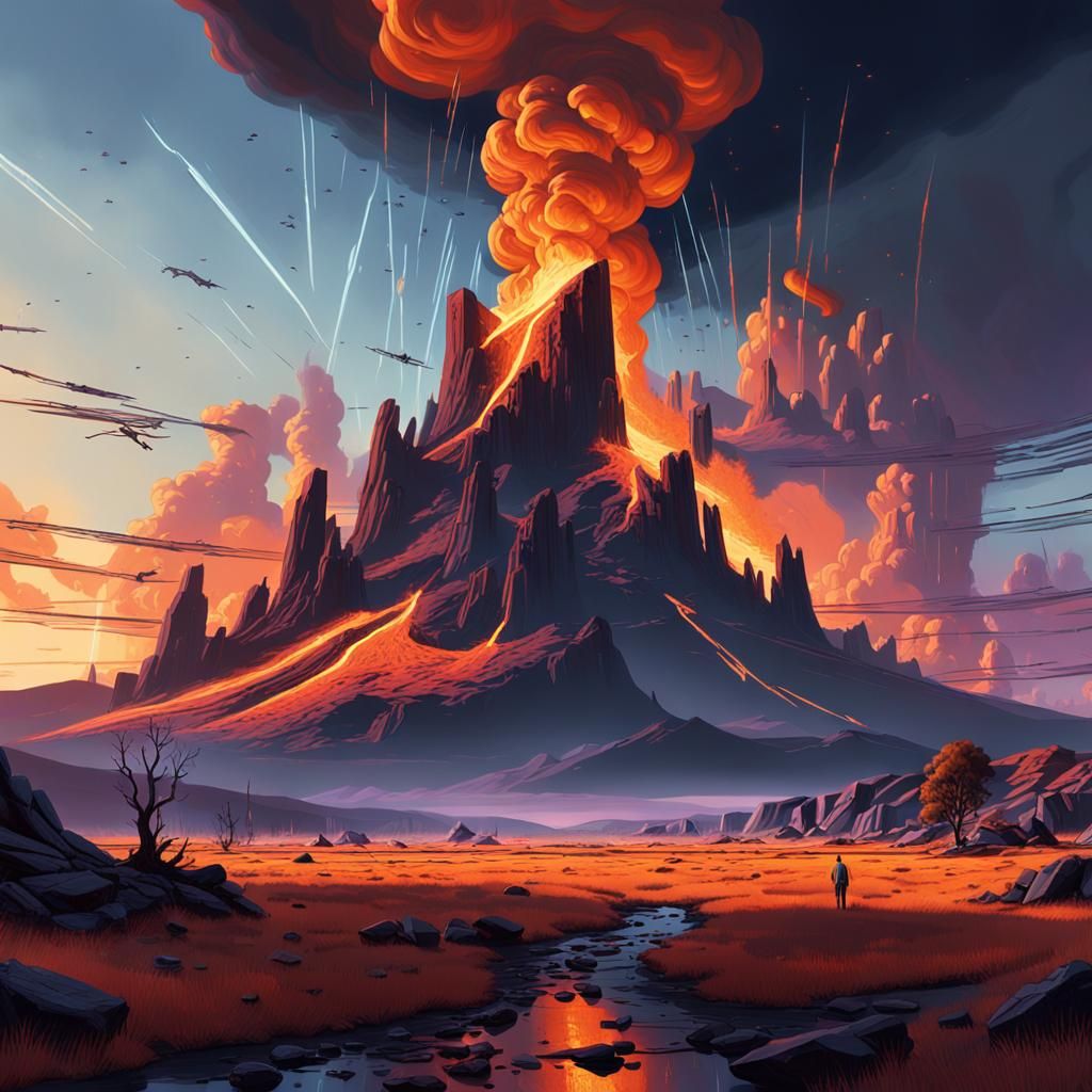 Fiery Meteor Shower Over Mystical Landscape