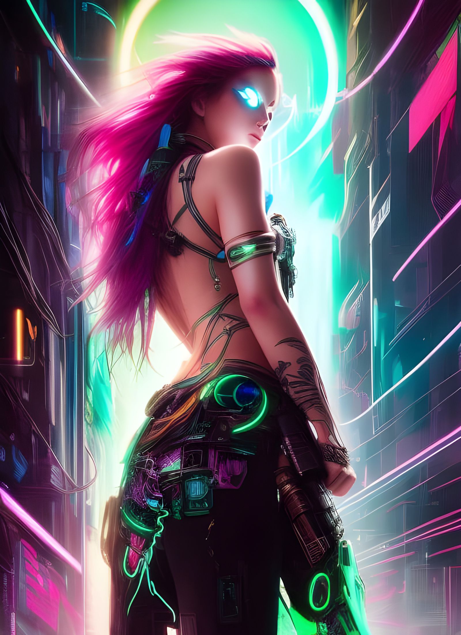 Cyberpunk Goddess with Neon Hair, Digital Art