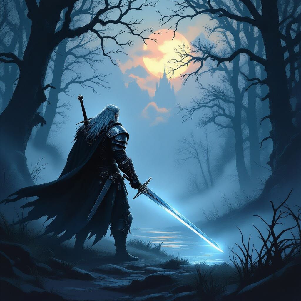 Grizzled Witcher in Dark Fantasy Forest at Dusk