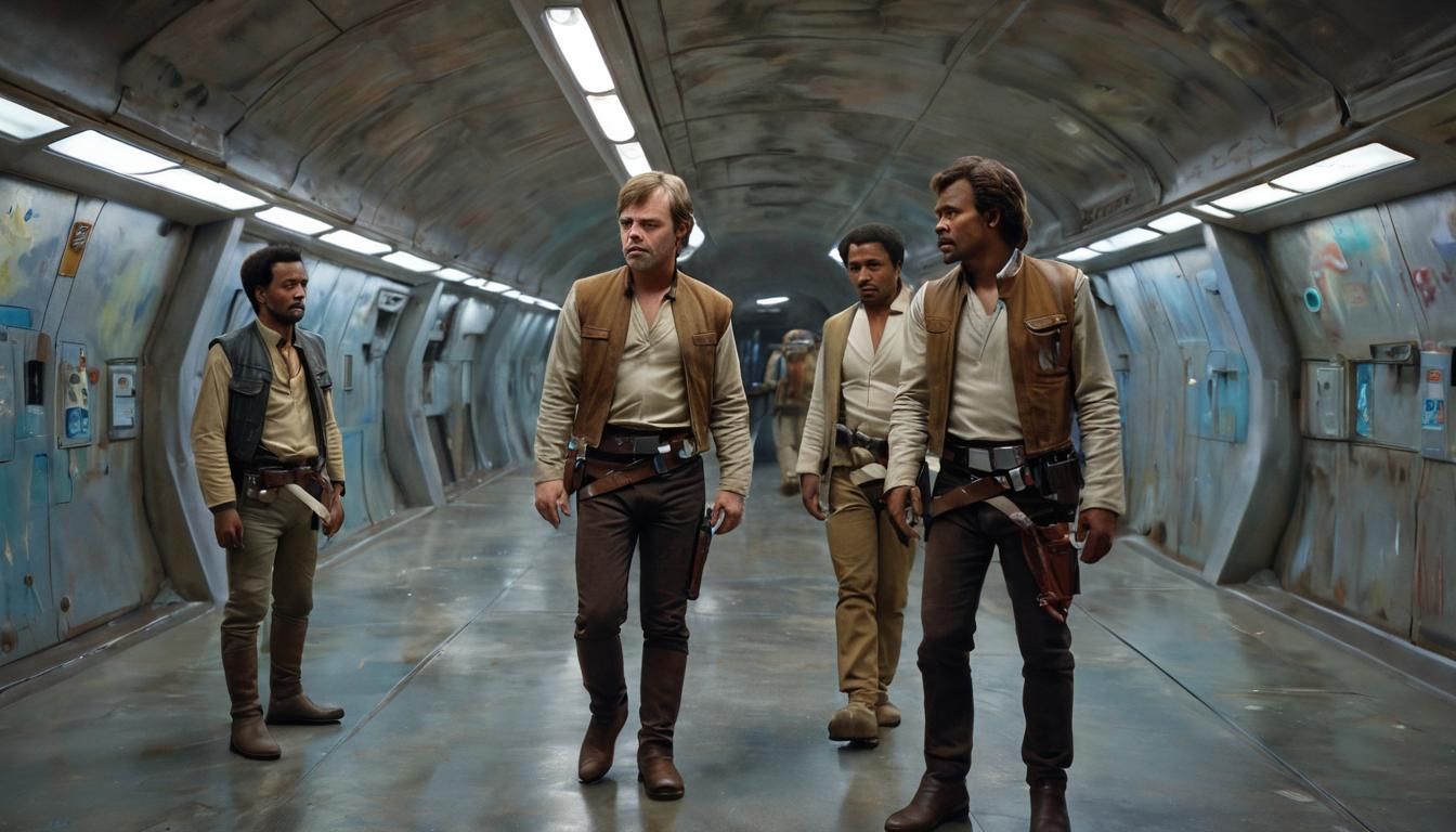 Rebel Alliance Crew in Starship Corridor: Hyperrealistic Art