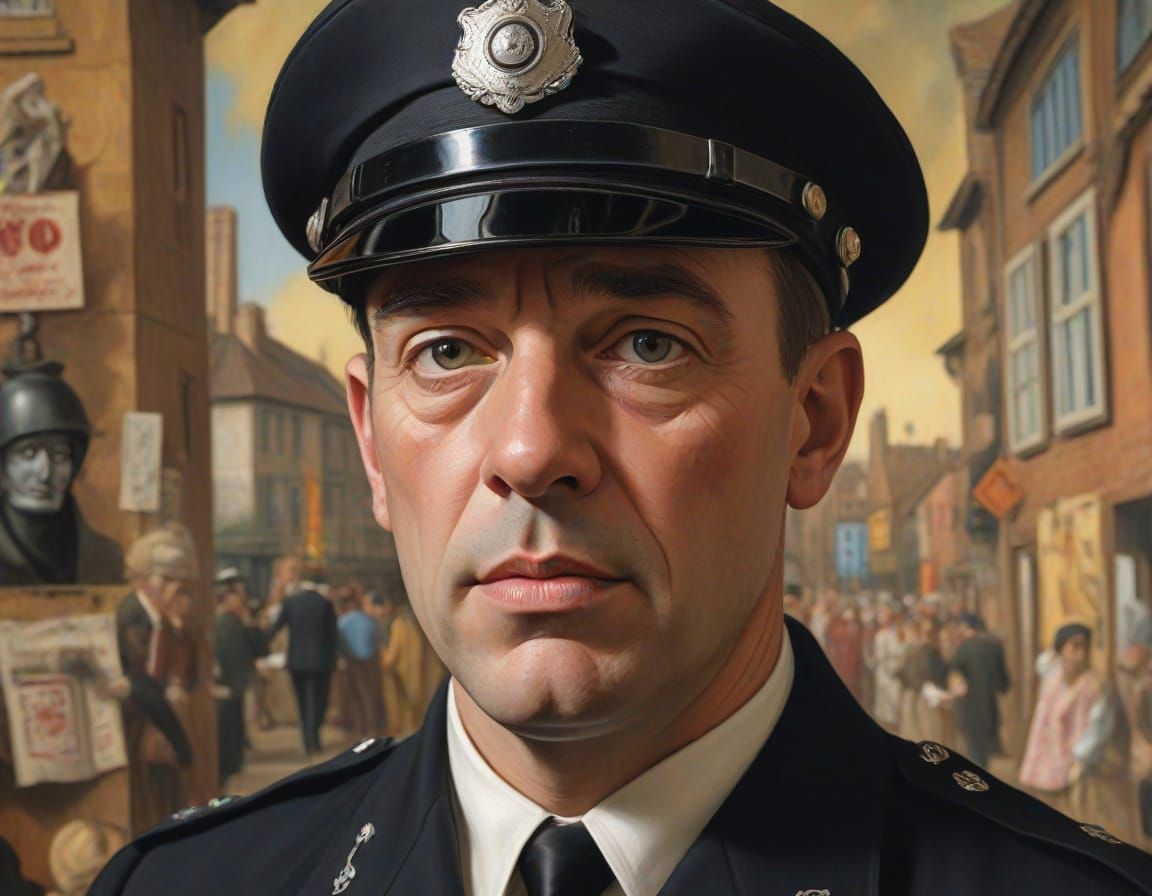 Surreal Police Constable Oil Painting in Golden Light