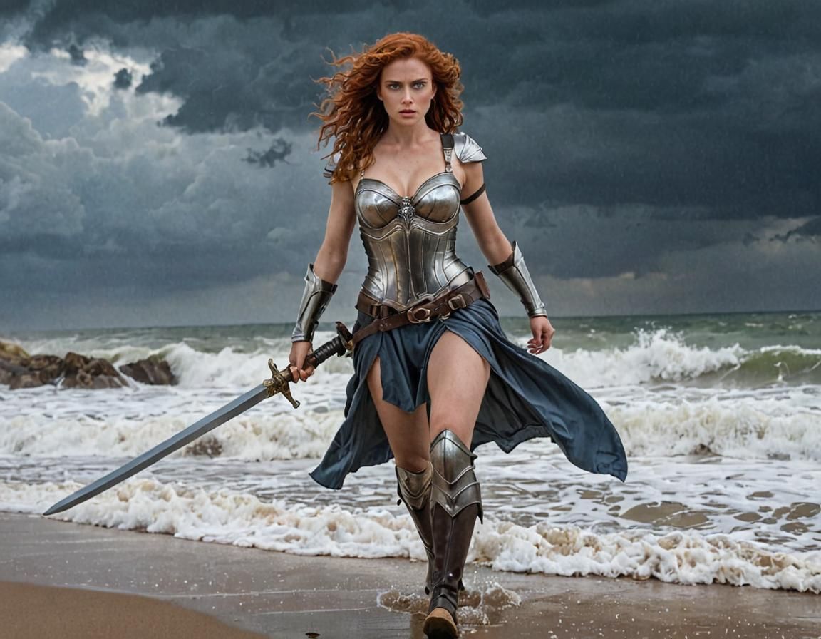 Medieval Warrior Woman on Stormy Beach