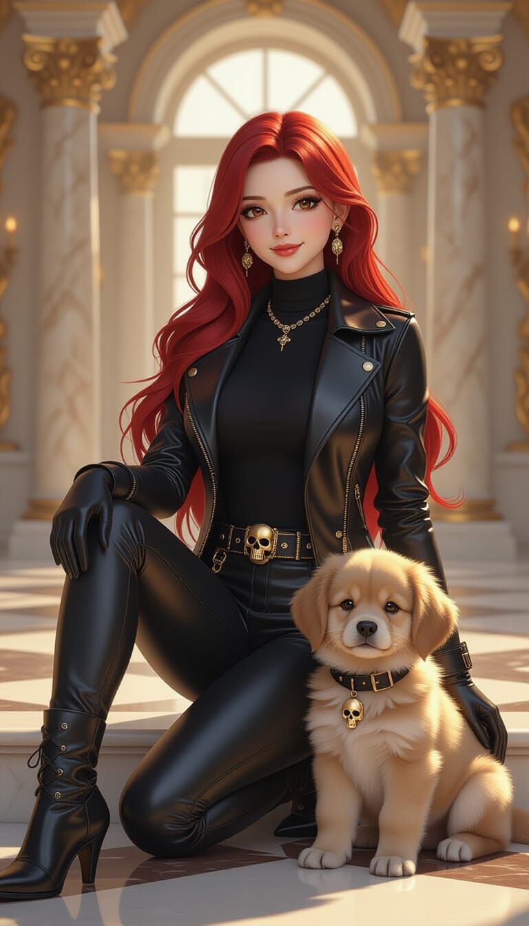 Red-Haired Woman with Puppy in Anime Style
