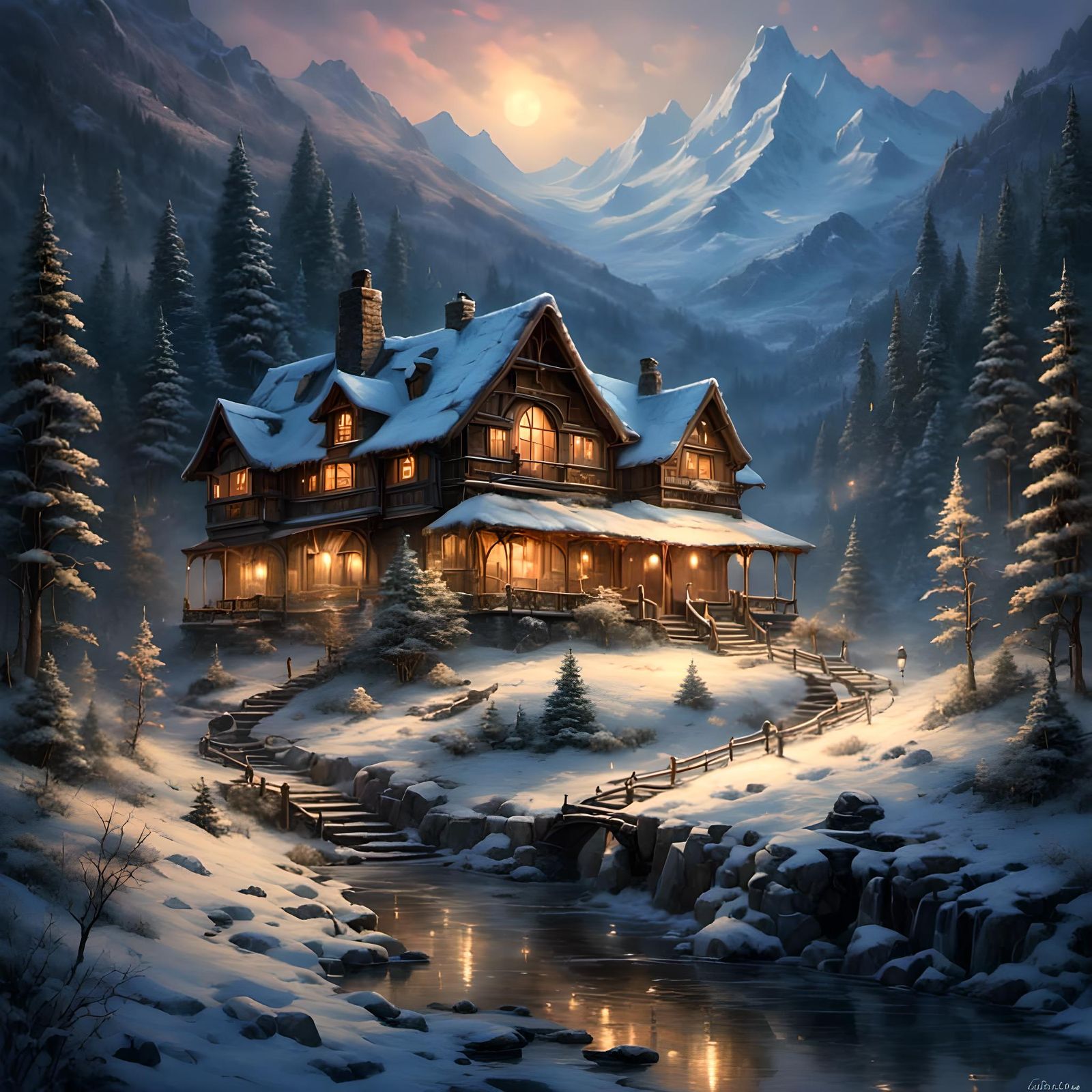 Winter Wonderland Cottage at Night