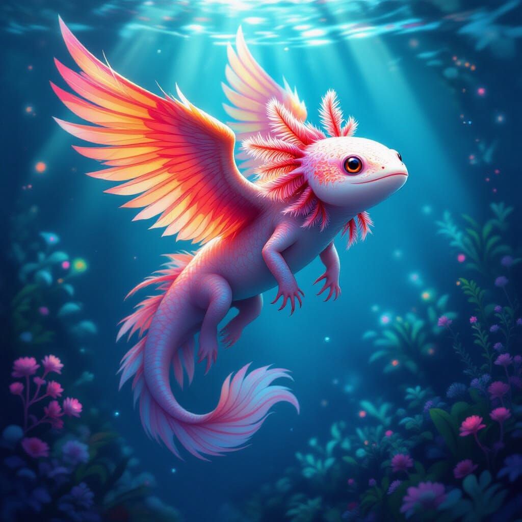 Mythical Phoenix Axolotl Creature in Ethereal Underwater Sce...